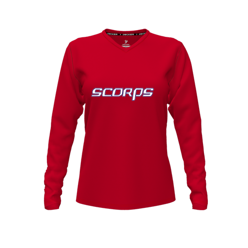 [CUS-DFW-TEES-PER-VNK-LSL-RED-FYXS-LOGO2] Decker Performance T-Shirt (Female Youth XS, Red, V Neck, Logo 2, Long Sleeve)